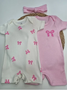 Kit Macacão Bebê Menina Suedine Lacinhos Pink