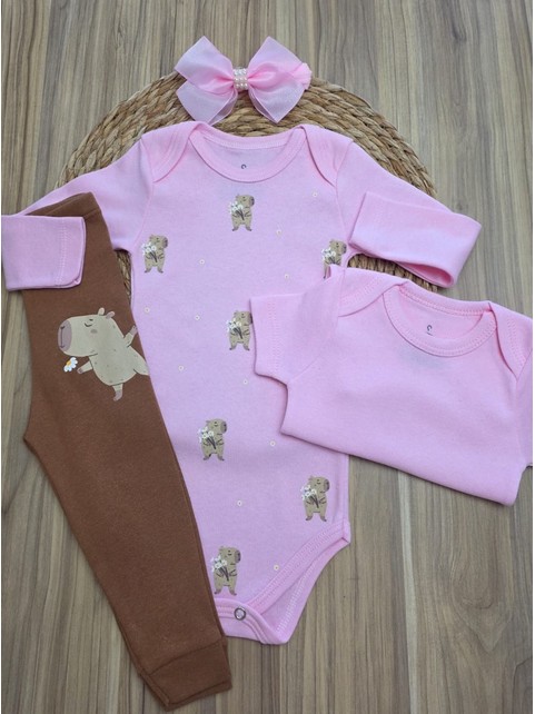 Conjunto Body Bebê Menina Suedine Capivara