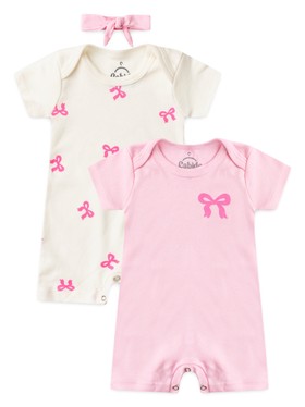 Kit Macacão Bebê Menina Suedine Lacinhos Pink