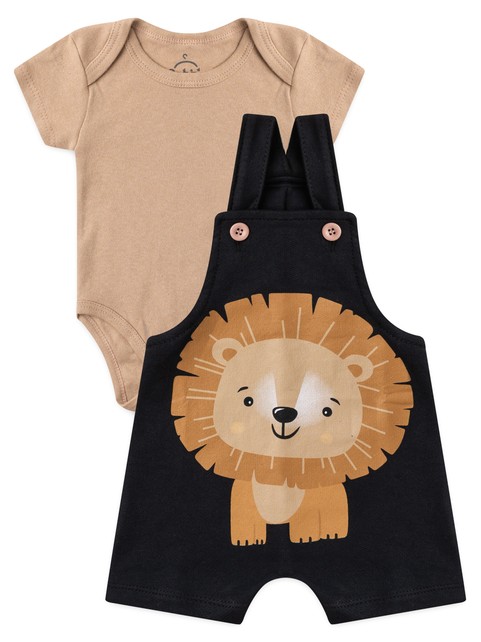 Conjunto Jardineira Bebê Menino Suedine Leãozinho