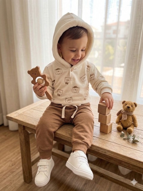 Conjunto Infantil Menino Moletom Peluciado com Capuz Ursinhos de Algodão