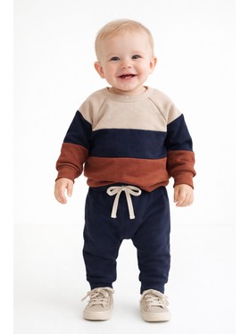 Conjunto Infantil Menino Moletom Peluciado Recortes Azul Ocre