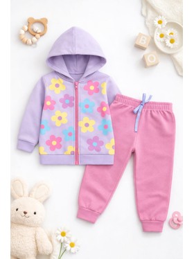 Conjunto Infantil Menina Moletom Peluciado com Capuz e Zíper Flores