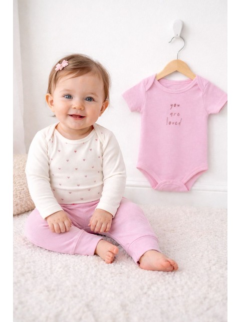 Kit Body Bebê Menina Suedine Mini Coração Minimalistas