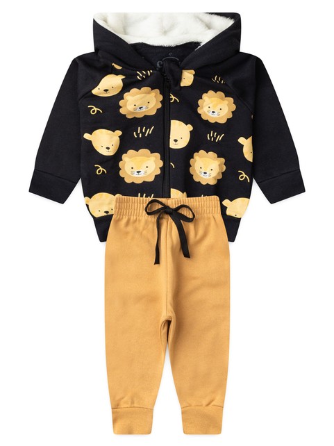 Conjunto Infantil Menino Moletom Peluciado com Zíper Leão e Tigre