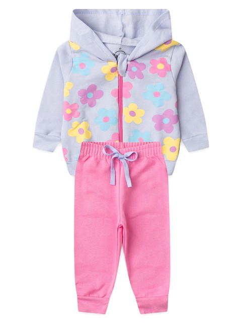 Conjunto Infantil Menina Moletom Peluciado com Capuz e Zíper Flores