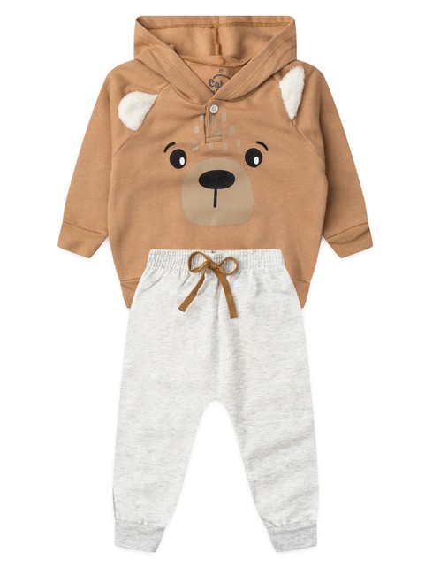 Conjunto Infantil Menino Moletom Peluciado com Capuz Urso Interativo