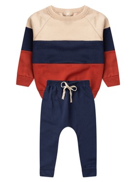 Conjunto Infantil Menino Moletom Peluciado Recortes Azul Ocre