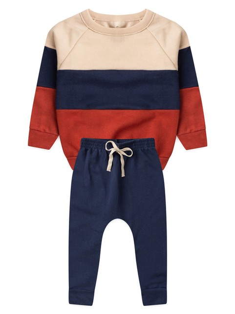 Conjunto Infantil Menino Moletom Peluciado Recortes Azul Ocre