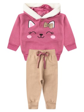 Conjunto Infantil Menina Moletom Peluciado com Capuz Ursinha