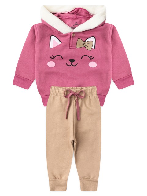 Conjunto Infantil Menina Moletom Peluciado com Capuz Ursinha