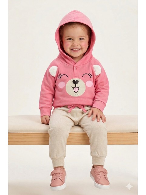 Conjunto Infantil Menina Moletom Peluciado com Capuz Ursa Feliz