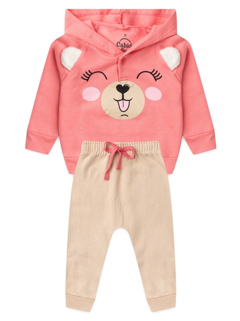 Conjunto Infantil Menina Moletom Peluciado com Capuz Ursa Feliz