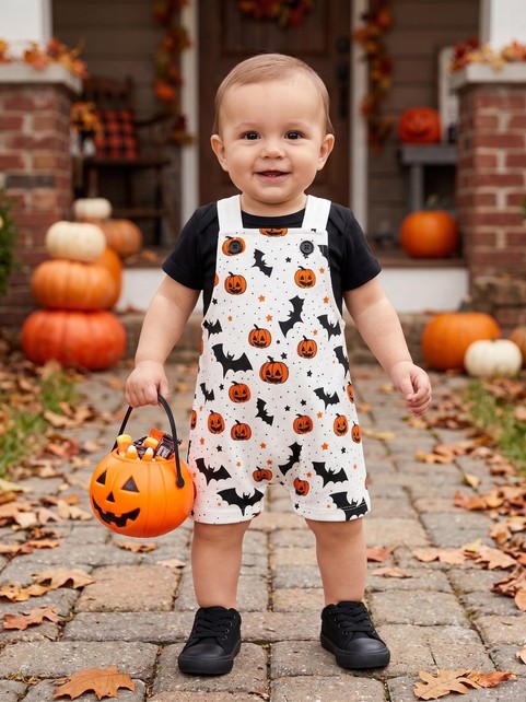 Conjunto Jardineira Bebê Unissex Suedine Halloween Abóbora
