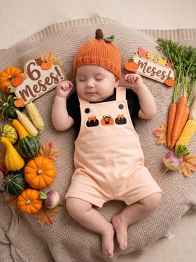 Conjunto Jardineira Bebê Menina Suedine Halloween Abóbora Poá