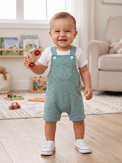 Conjunto Jardineira Bebê Menino Moletinho Jet Bolsinho Verde