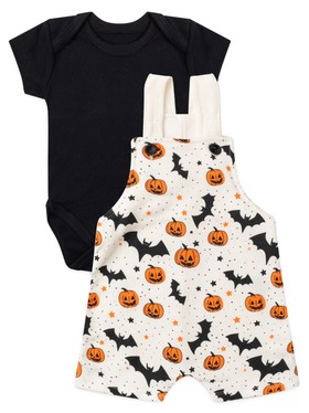 Conjunto Jardineira Bebê Unissex Suedine Halloween Abóbora