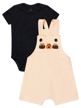 Conjunto Jardineira Bebê Menina Suedine Halloween Abóbora Poá