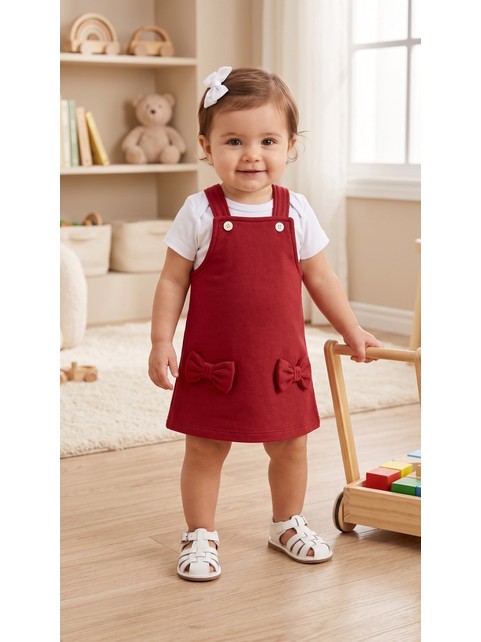 Conjunto Salopete Bebê Menina Suedine Laço Vermelho