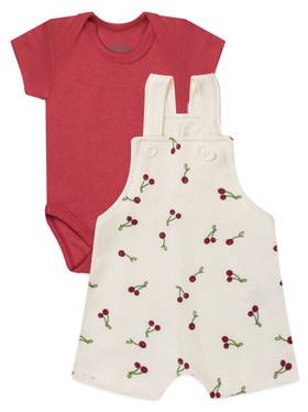 Conjunto Jardineira Bebê Menina Suedine Cerejas