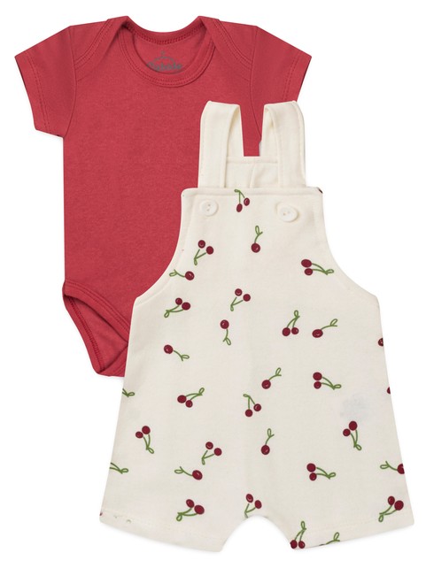 Conjunto Jardineira Bebê Menina Suedine Cerejas