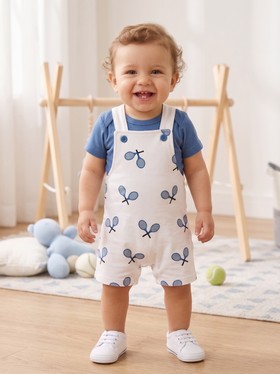Conjunto Jardineira Bebê Menino Suedine Raquetes