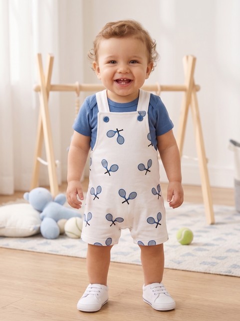 Conjunto Jardineira Bebê Menino Suedine Raquetes