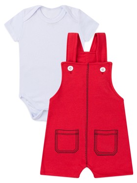 Conjunto Jardineira Bebê Menino Suedine Bolsinho