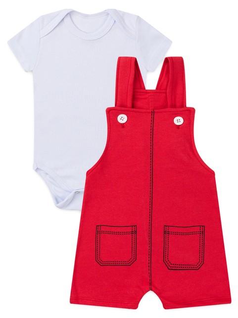 Conjunto Jardineira Bebê Menino Suedine Bolsinho
