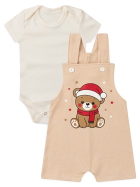 Conjunto Jardineira Bebê Unissex Suedine Natal Urso