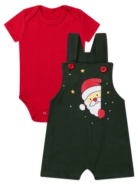 Conjunto Jardineira Bebê Unissex  Suedine Natal Papai Noel