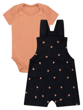 Conjunto Jardineira Bebê Menino Suedine Pegadas