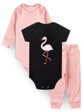 Kit Body Bebê Menina Suedine Flamingo