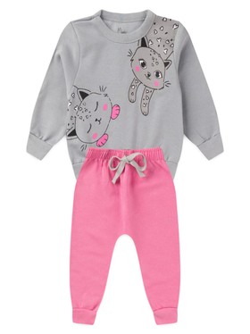 Conjunto Infantil Menina Moletom Peluciado Gatinhos Cinza