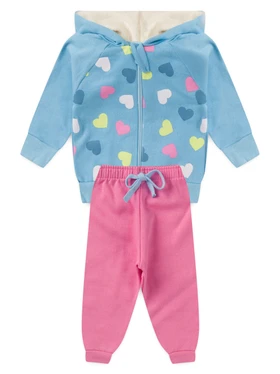 Conjunto Infantil Menina Moletom Peluciado com Capuz Hearts