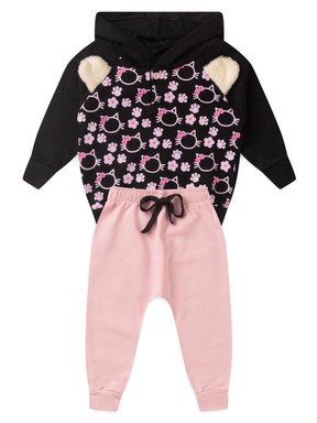 Conjunto Infantil Menina Moletom Peluciado com Capuz Cat Paws Preto