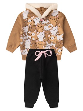 Conjunto Infantil Menina Moletom Peluciado com Capuz Colorful Cats