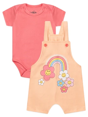 Conjunto Jardineira Bebê Menina Suedine Pêssego