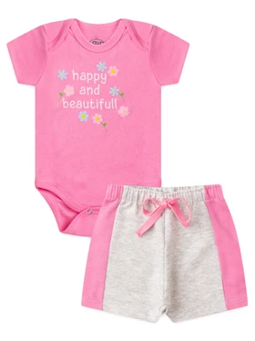 Conjunto Bebê Menina Body e Shorts Moletinho Happy