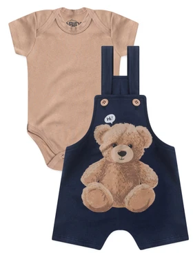 Conjunto Jardineira Bebê Menino Suedine Urso