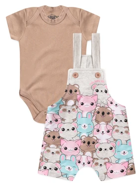 Conjunto Jardineira Bebê Menina Suedine Pets
