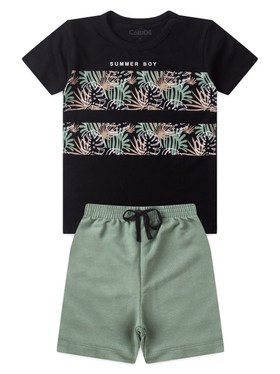 Conjunto Infantil Menino Camiseta Bermuda Folhas