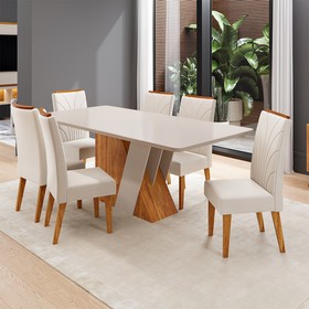 Conjunto Sala de Jantar 6 Lugares Retangular Tampo de Mdf Xangai Mel/Blonde/Bege - Casa Giulia