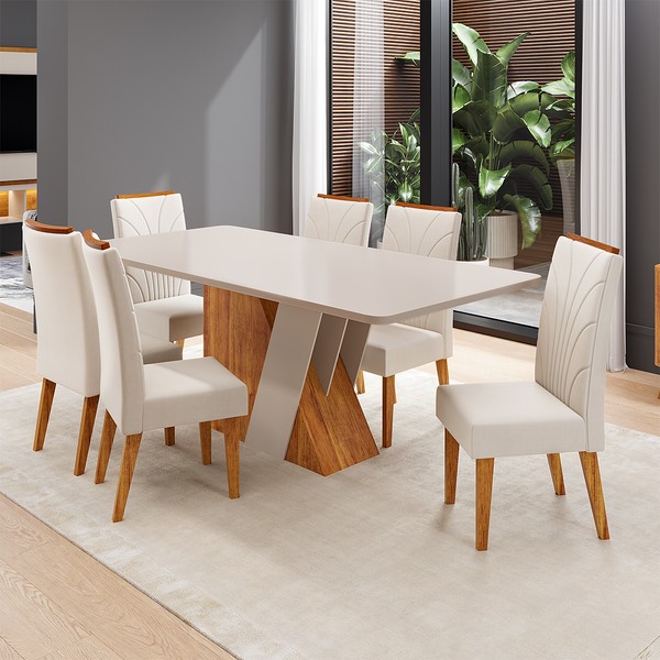 Conjunto Sala de Jantar 6 Lugares Retangular Tampo de Mdf Xangai Mel/Blonde/Bege - Casa Giulia