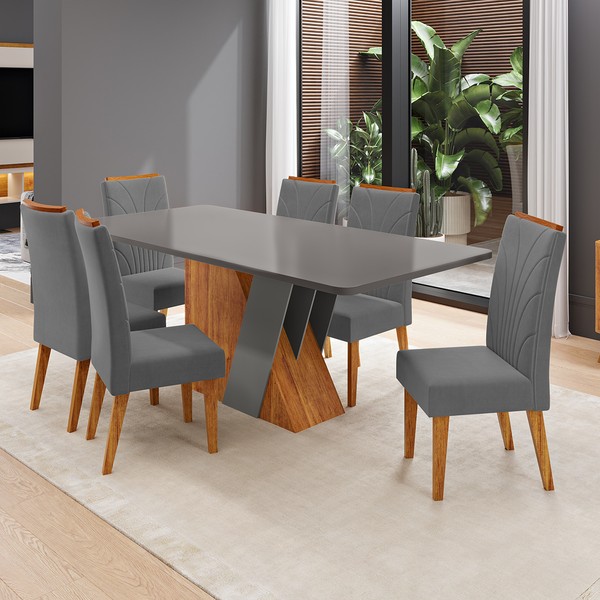 Conjunto Sala de Jantar 6 Lugares Retangular Tampo de Mdf Xangai Mel/Cinza - Casa Giulia
