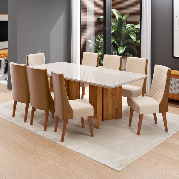 Conjunto Sala de Jantar 8 Lugares Retangular Tampo de Vidro/Mdf Linda Mel/Linho Bronze/Off White - Casa Giulia