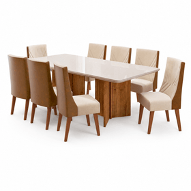 Conjunto Sala de Jantar 8 Lugares Retangular Tampo de Vidro/Mdf Linda Mel/Linho Bronze/Off White - Casa Giulia