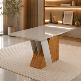 Mesa de Jantar 6 Lugares Retangular Tampo de Vidro/Mdf Xangai Mel/Off White - Casa Giulia