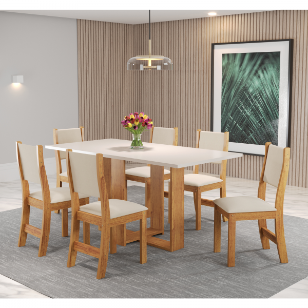 Mesa de Jantar Retangular Enemy com 6 Cadeiras Sol Mel/Blonde/Bege - Casa Giulia