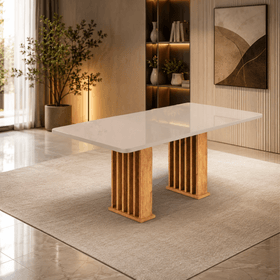Mesa de Jantar 6 Lugares Retangular Tampo de Vidro/Mdf Munique Mel/Off White - Casa Giulia